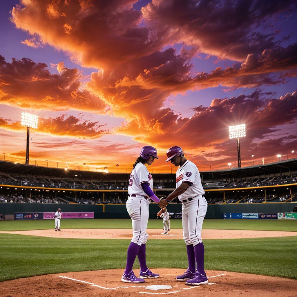 A romantic scene featuring a baseball diamond under a sunset sky, with statistical graphs and analytics swirling around the players as they interact. Include a couple holding hands, gazing at the game, with heart-shaped statistics floating in the air, symbolizing their love for baseball and data. The ambiance should blend the excitement of a game with the warmth of romance. vibrant colors. super-realistic.