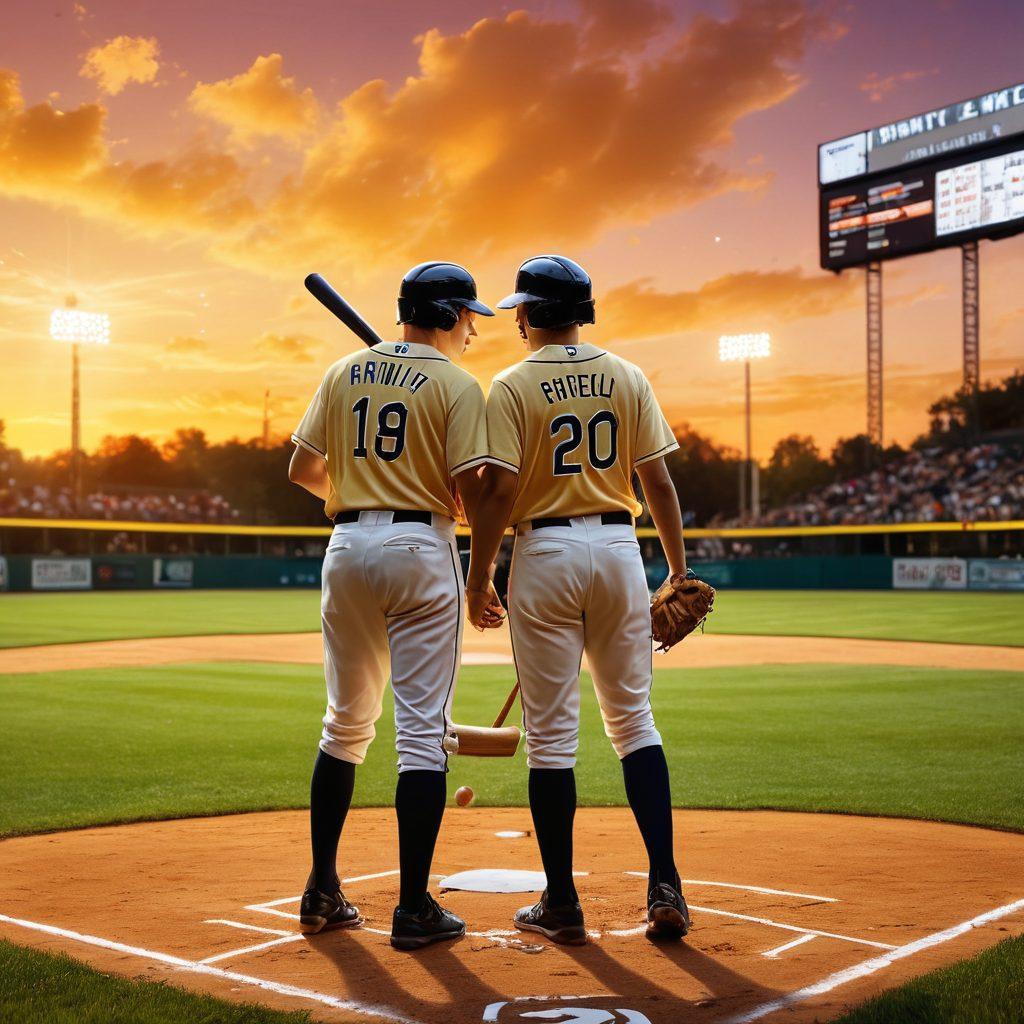 A dreamy baseball field at sunset, with golden light illuminating analytics graphs and statistics floating in the air like fireflies. A couple is romantically engaged in the foreground, holding a baseball bat, symbolizing the passion of the game. In the background, a scoreboard lights up with exciting data visualizations, blending tradition with modern analytics. The atmosphere is whimsical and enchanting, evoking a sense of nostalgia and love for the game. vibrant colors. painting.