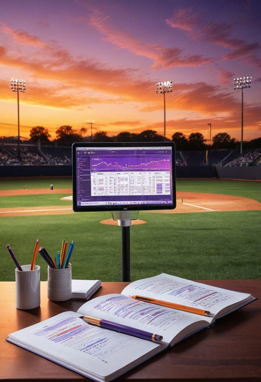 A vibrant baseball field during sunset, showcasing a group of diverse individuals engaged in animated discussions, surrounded by open notebooks filled with detailed statistics. In the foreground, a baseball bat and a glowing analytics chart intertwine, symbolizing the fusion of passion and strategy. The sky is painted with hues of orange and purple, reflecting excitement and energy. super-realistic. vibrant colors. dynamic lighting.
